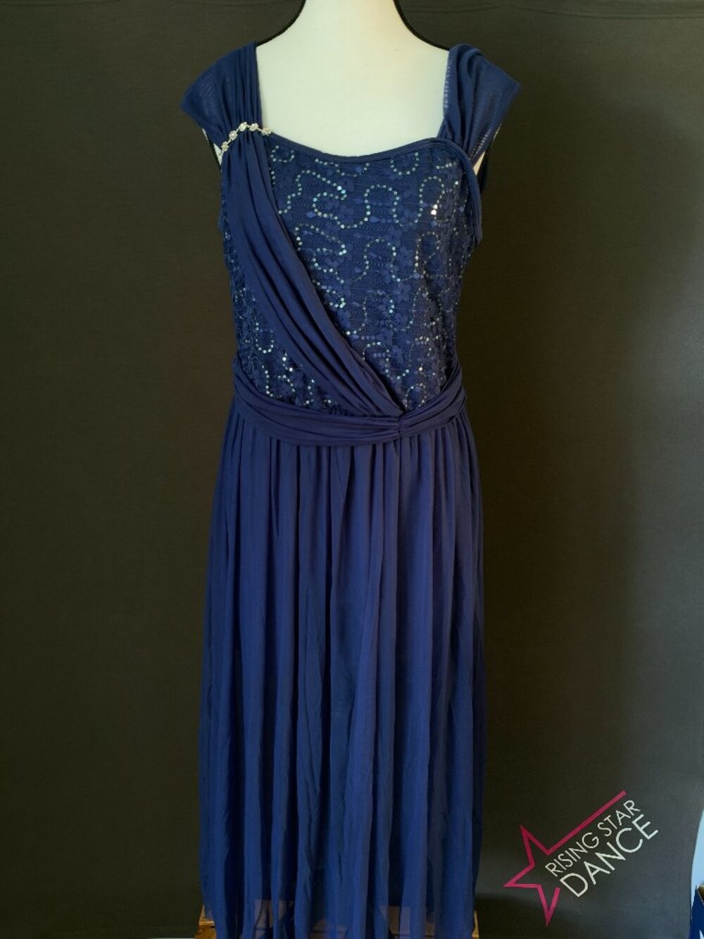 ODASDO Navy Sequin Lace Lyrical Dance Dress Asymmetric Draped Mesh Skirt XL